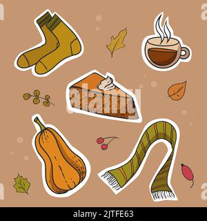 autumn stickers leaves striped scarf pumpkin piece of cake hot drink in a cup and socks Stock Vector
