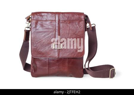 Men's brown leather bag with belt isolated on white Stock Photo