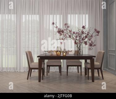 stylish living room with dining table, vase of flowers, walls with moldings, classic interior, 3d render Stock Photo