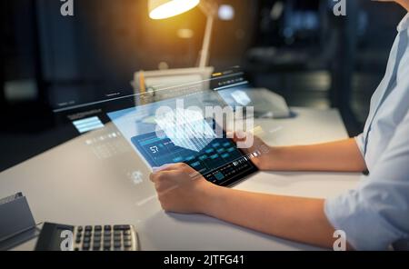businesswoman with tablet computer at night office Stock Photo