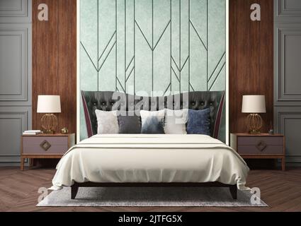 bedroom with mint soft panel, wood paneling, wood floor, two bedside tables, lighting Stock Photo