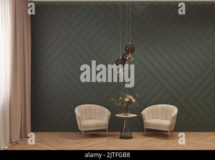 Modern interior with two velor armchairs, decorative dark green panel on the wall. Two velor chairs and a coffee table. Wooden parquet. 3D rendering Stock Photo