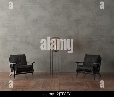 3d illustration. Stylish loft style interior with concrete wall and two black armchairs. Floor lamp brown. Wooden floor. Stock Photo