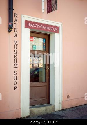 Prague, Czech Republic - June 2022: Entrance to Franz Kafka Museum shop in Prague. Stock Photo