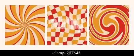 Hippie retro 70s background collection. Abstract waves, swirl, twirl and checkered wallpapers. Vector illustration. Stock Vector