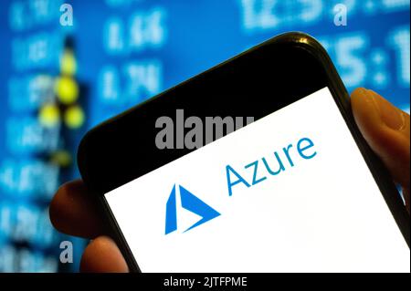 In this photo illustration, the American file hosting and cloud computing service owned by Microsoft, Azure logo is displayed on a smartphone screen. (Photo by Budrul Chukrut / SOPA Images/Sipa USA) Stock Photo