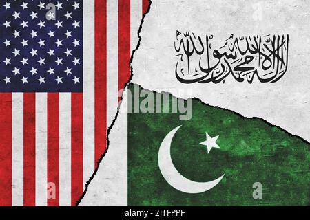 USA, Taliban and Pakistan painted flags on a wall with a crack. United States of America, Pakistan and Taliban relations. Afghanistan war. Islamic Emirate of Afghanistan Stock Photo