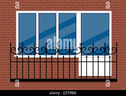 white plastic pvc window with door and balcony with black metal balcony rail, front view. isolated on a red brown brick wall background. Cartoon style Stock Vector