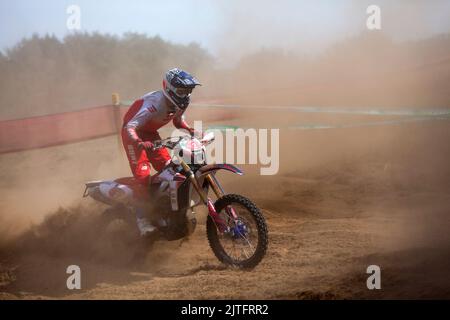 Pleyber-Christ, France - August, 28 2022: Biker participating to the Armorikaine TT, a sporting event with free access on the last weekend of August. Stock Photo