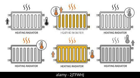 Heating radiator battery, home wall heater, central heat system, oil  convector line icon. Electric, water warm panel, thermal house equipment vector Stock Vector