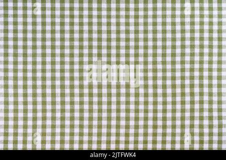 Green classic checkered tablecloth texture, background with copy space. Background texture checkered pattern fabric for cuisine, menu. Food mockup, te Stock Photo
