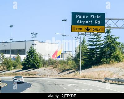 Seattle USA - July 21 2008; Road sign indicating way to Boeing Factory Paine Field exit. Stock Photo
