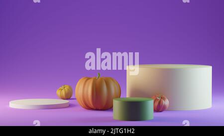 Halloween minimal scene 3d with pumpkins and podium platform. Halloween background 3d rendering. Stand to show products. Stage showcase on pedestal Stock Photo