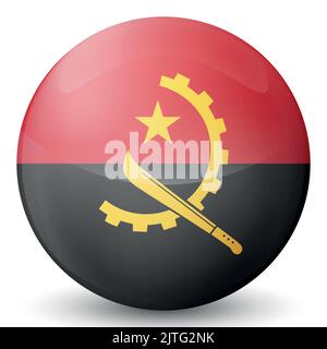 Round icon with flag of Angola. Glass light ball, sticker, sphere. Angolan national symbol. Glossy realistic ball, 3D abstract vector illustration Stock Vector