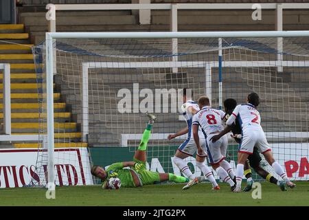 Ben Killip of Hartlepool United saves during the Papa John's EFL Trophy match between Hartlepool United and Harrogate Town at Victoria Park, Hartlepool on Tuesday 30th August 2022. (Credit: Mark Fletcher | MI News) Credit: MI News & Sport /Alamy Live News Stock Photo