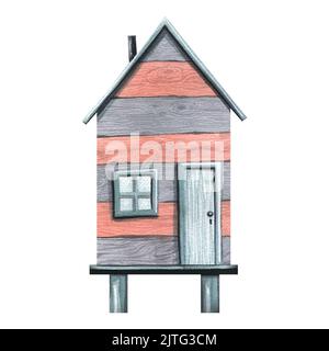 A beach, fishing house, wooden on stilts, striped with a window and a door in gray and coral colors. Watercolor illustration. An isolated object from Stock Photo
