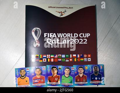 Rio de Janeiro-Brazil August 30, 2022, sticker album of soccer players from the national teams, who will be playing in the Qatar World Cup Stock Photo