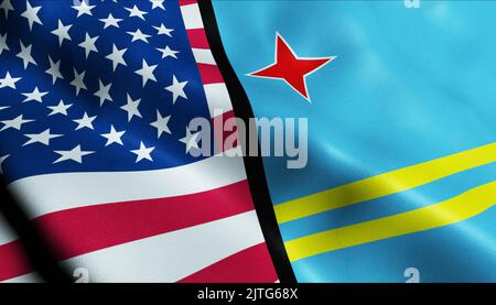 3D Waving United States of America and Aruba Merged Flag Closeup View Stock Photo