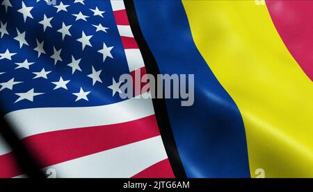 3D Waving United States of America and Chad Merged Flag Closeup View Stock Photo