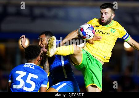 Norwich City's Grant Hanley (right) in action during the Sky Bet Championship match at St. Andrew's, Birmingham. Picture date: Tuesday August 30, 2022. Stock Photo