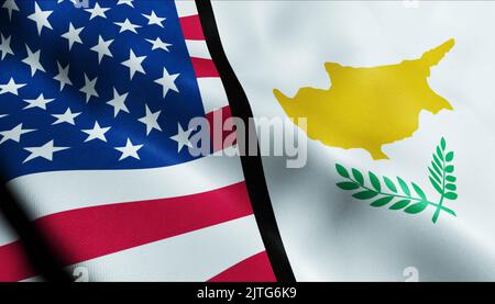 3D Waving United States of America and Cyprus Merged Flag Closeup View Stock Photo