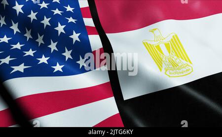 3D Waving United States of America and Egypt Merged Flag Closeup View Stock Photo