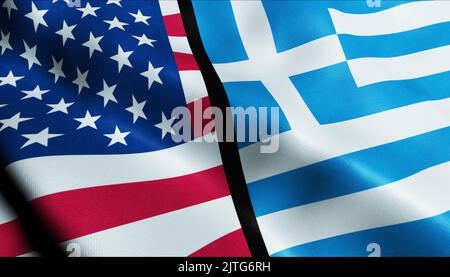 3D Waving United States of America and Greece Merged Flag Closeup View Stock Photo