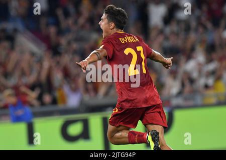 Olympic Stadium, Rome, Italy. 30th Aug, 2022. Serie A championship football, Roma versus Monza ; Paulo Dybala of AS Roma celebrating after scoring his goal for 1-0 in the 18th minute Credit: Action Plus Sports/Alamy Live News Stock Photo