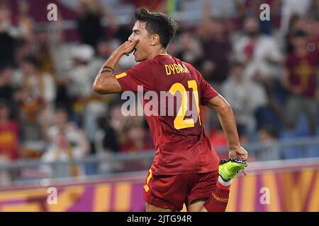 Olympic Stadium, Rome, Italy. 30th Aug, 2022. Serie A championship football, Roma versus Monza ; Paulo Dybala of AS Roma celebrating after scoring his goal for 1-0 in the 18th minute Credit: Action Plus Sports/Alamy Live News Stock Photo