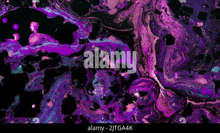 Abstract marble liquid glitter paint moving. Dark and purple pearl inks in oil. Colorful violet shapes. Detailed background, amazing design, swirling Stock Photo
