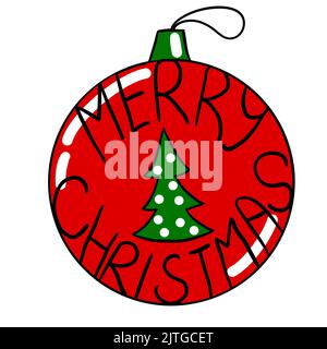 Hand drawn illustration of red Christmas ornament, bright new year winter hanging ball, December decor with tree. Party holiday celebration isolated sticker Stock Photo