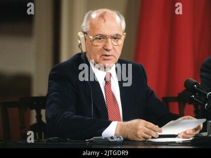 **FILE PHOTO** Mikhail Gorbachev Has Passed Away. President Mikhail Gorbachev of the Union of Soviet Socialist Republics makes remarks during a joint press conference with United States President George H.W. Bush, at the conclusion of their summit in the East Room of the White House in Washington, DC on Sunday, June 3, 1990. Credit: Ron Sachs/CNP /MediaPunch Stock Photo