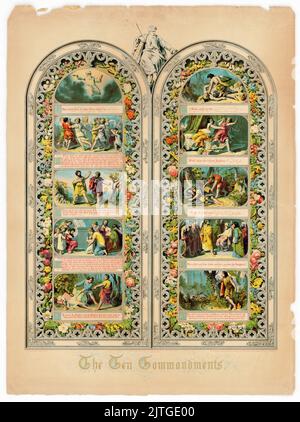 Print shows two panels representing the tablets containing the Ten Commandments with illustrated scene above text for each commandment; with Moses seated at top. Duval, Peter S., 1804 or 1805-1886, lithographer - Schussele, Christian, 1826-1879, artist. Published & printed in color by P.S. Duval, Ranstead Place, c 1851. Stock Photo