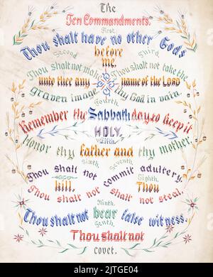 The Ten Commandments print - Calligraphic drawing conveys the Ten Commandments with flower flourishes - Coaley, John Morgan, artist 1889. Stock Photo