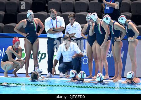 SPLIT, CROATIA - AUGUST 30: Head Coach of Italy Carlo Silipo during the LEN European Championship Split 2022 Womans's Water Polo match between Italy and Israel at Spaladium Arena on August 30, 2022 in Split, Croatia. Photo: Marko Lukunic/PIXSELL Stock Photo