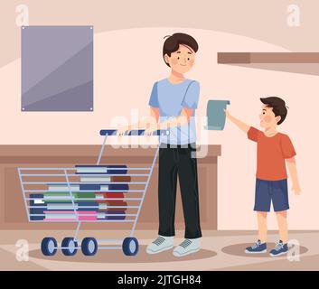 son and dad buying school supplies Stock Vector