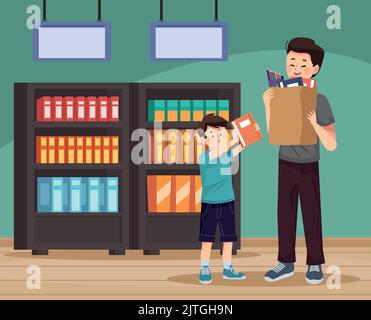 dad and son in school supplies store Stock Vector