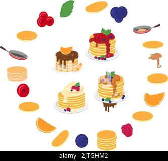 Pancakes design collection for Pancake Day. Various stacked pancakes with different syrups and ingredients. Diy, homemade pancakes. Vector illustratio Stock Vector