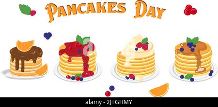 Set of stacked pancakes with various syrups on the plate. Nice colorful design for card, party invitation for Pancake Day. Healthy eating, diy,  homem Stock Vector