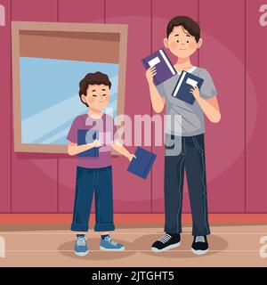 daddy and boy buying school supplies Stock Vector