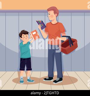 boy and dad buying school supplies Stock Vector