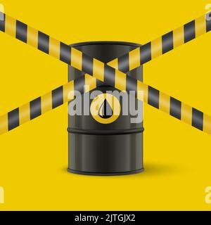 Oil Embargo. Vector 3d Realistic Metal Enamel Black Oil Barrel on Yellow. Crude Oil Embargo Concept Background Stock Vector