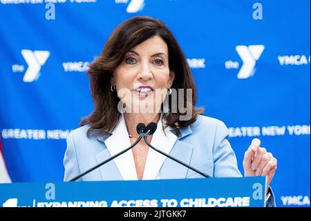 New York State Governor Kathy Hochul (D) speaks at a press conference about child care funding. Stock Photo