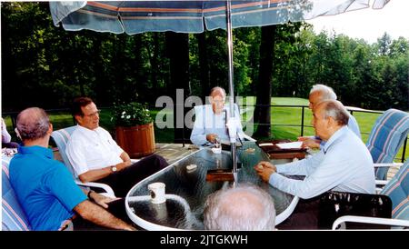 Camp David, Maryland - June 2, 1990 -- United States President George H.W. Bush meets with Union of Soviet Socialist Republics (USSR) President Mikhail Gorbachev and thei key foreign policy advisors at Aspen Lodge, Camp David, Maryland on June 2, 1990. From left: United States Secretary of State James A. Baker III, President Bush, United States National Security Advisor Brent Scowcroft, Union of Soviet Socialist Republics Foreign Minister Eduard Shevardnaze, and President Gorbachev.Credit: White House via CNP Stock Photo