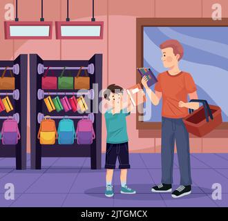 dad and son buying supplies Stock Vector