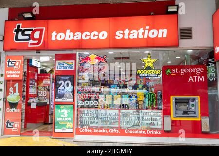 Tobacco retail store shop in Sydney city centre, selling smokes, cigarettes  lottery tickets and vapes,NSW,Australia Stock Photo