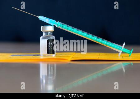 syringe with vaccine and shot record Stock Photo
