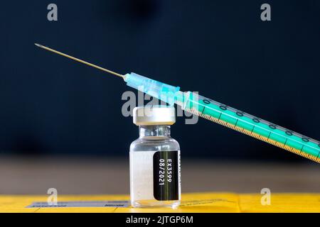 syringe with vaccine and shot record Stock Photo