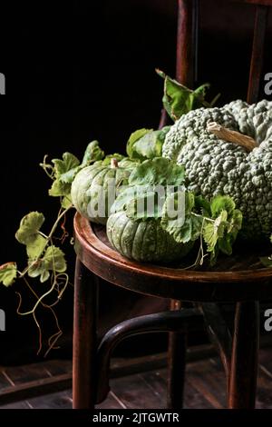 autumn composition with green pumpkins and grapes. Concept of Thanksgiving or Halloween Stock Photo