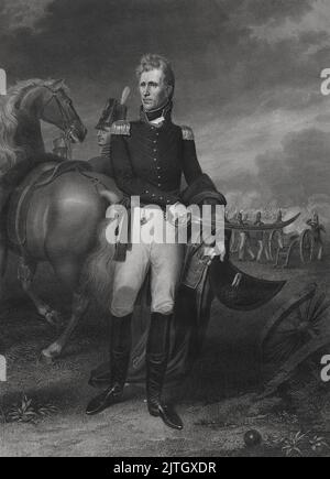 A engraving of Andrew Jackson, who was the seventh president of the USA,  at the Battle of New Orleans on 8th Jan 1815. The painting is by John Vanderlyn. Stock Photo
